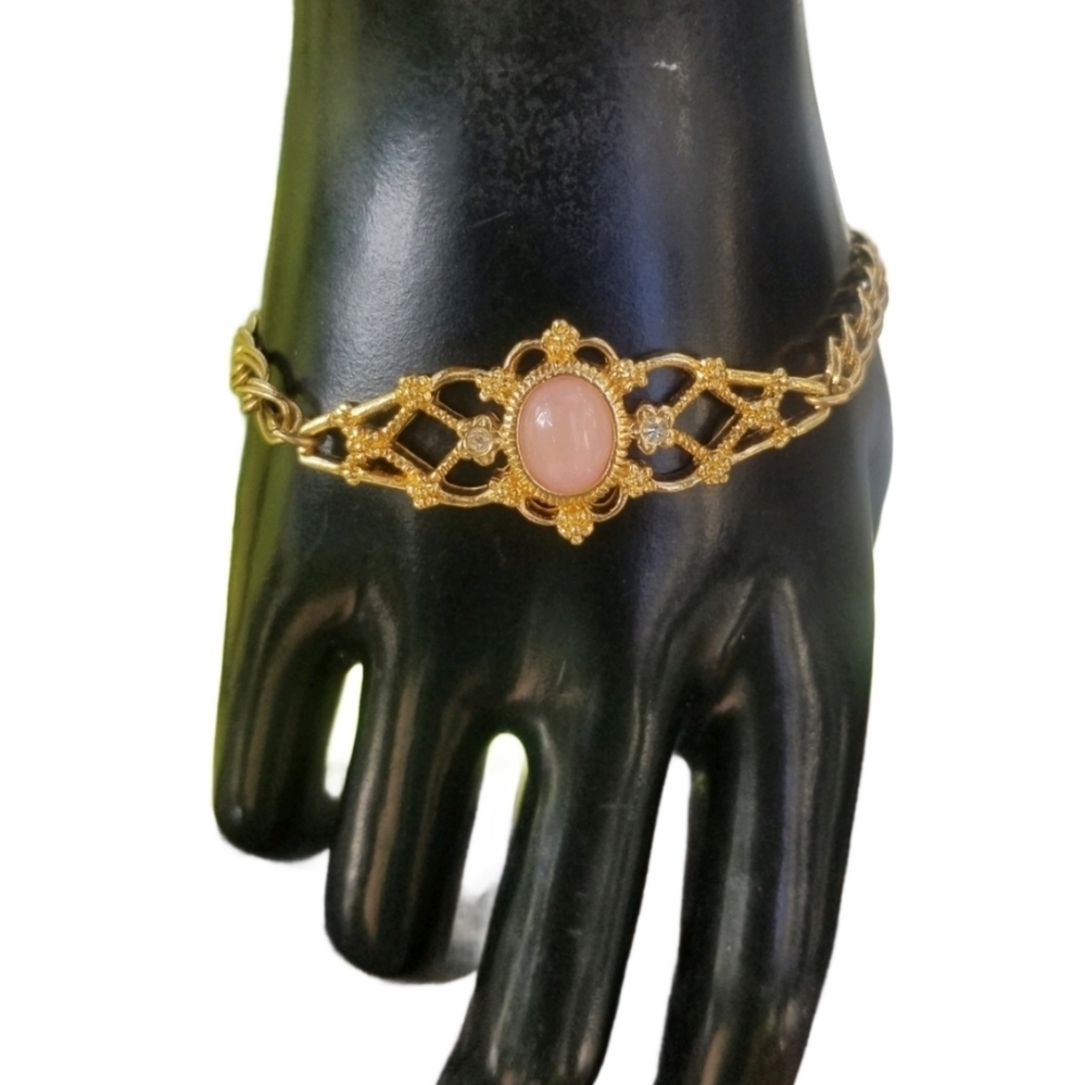 AVON 1993 GOLDTONE & GENUINE ROSE QUARTS DAINTY CHAIN BRACELET